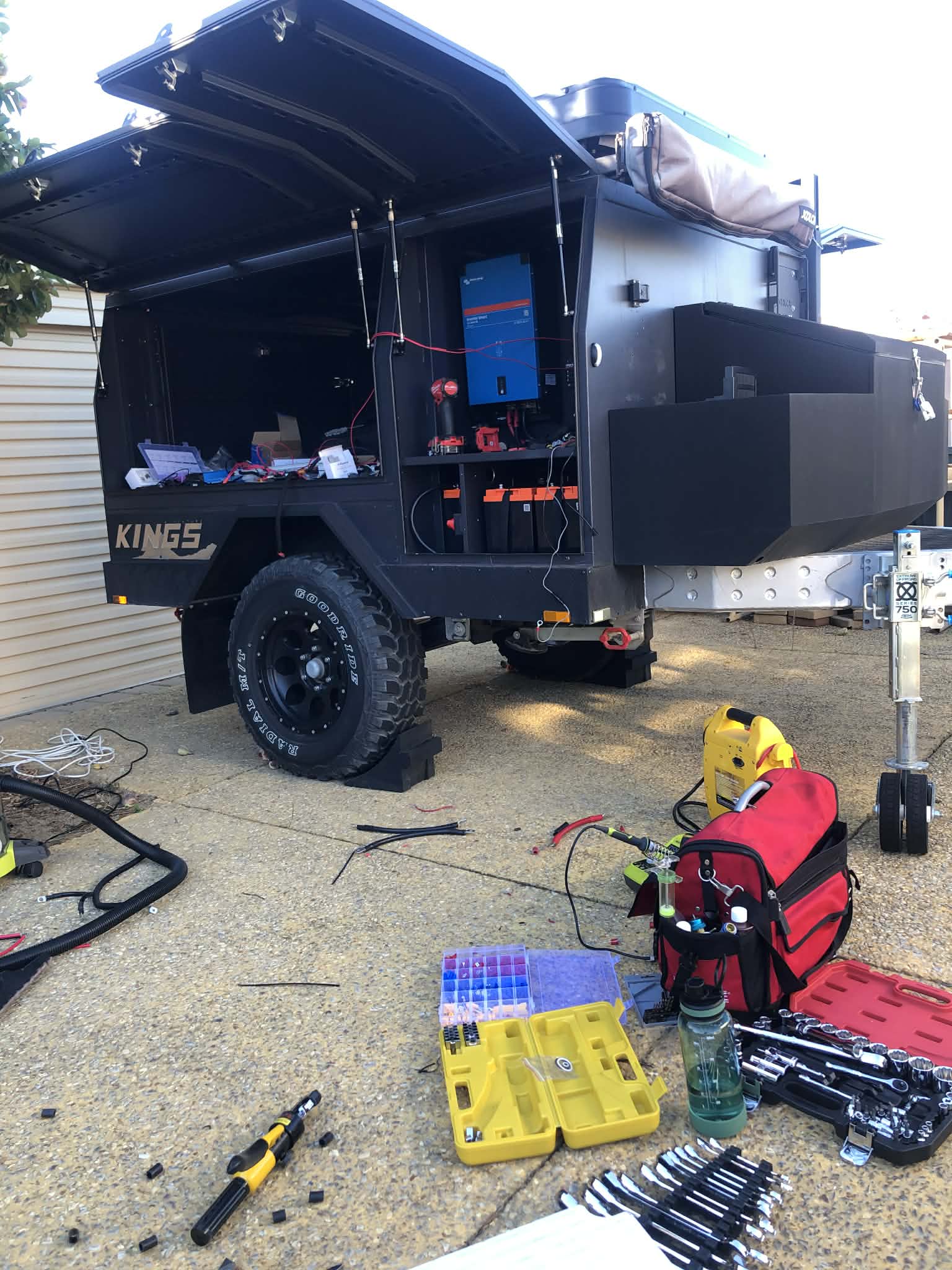 Off-road trailer with an installed dual battery system and inverter